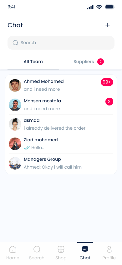 B-EASY chat screen with team and supplier tabs
