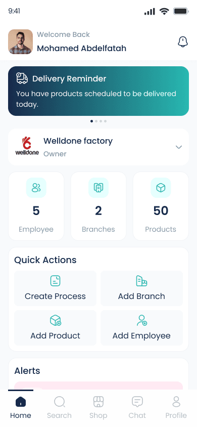 B-EASY home screen with employees, branches and products overview