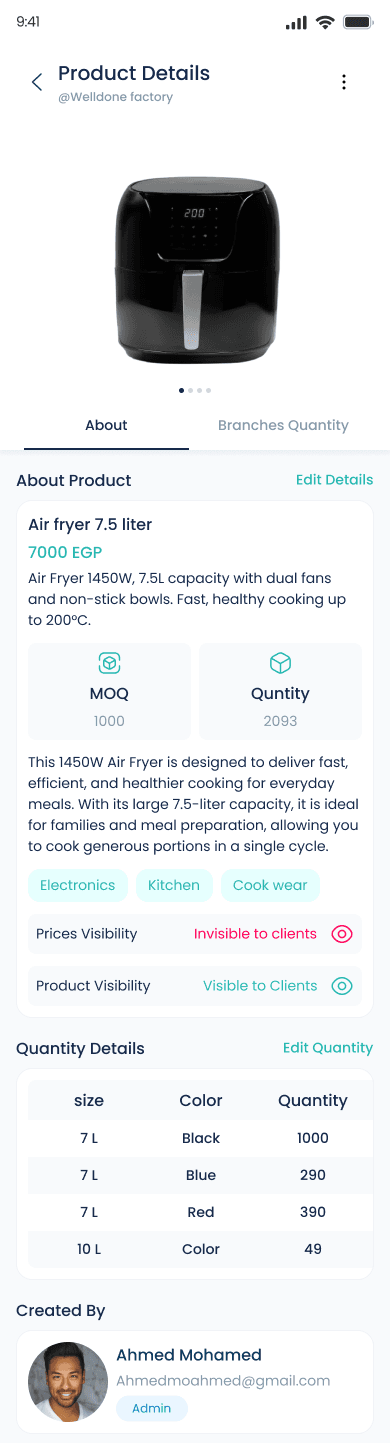 Product details with price, MOQ and quantity by size and color